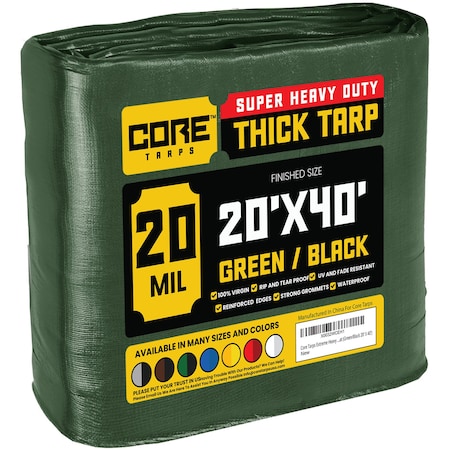 Core Tarps Heavy Duty Tarp, 40 ft L x 0.5 mm H x 20 ft W, 20 Mil, Green/Black, Polyethylene CT-703-20X40